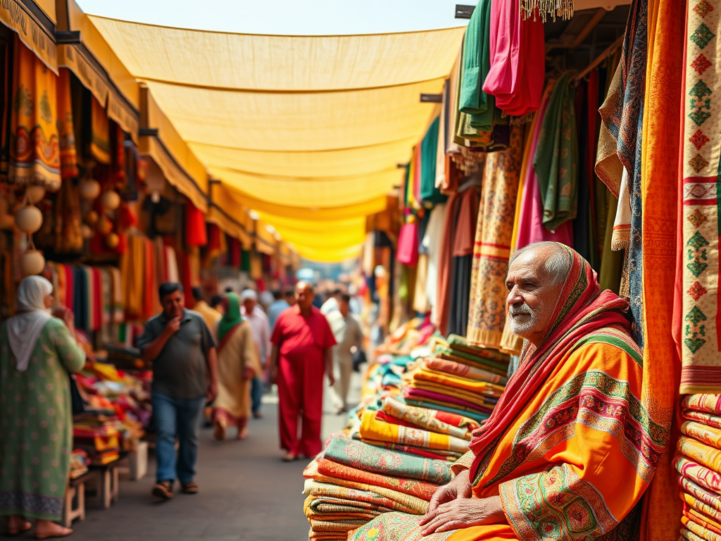 A market scene with an elderly man in vibrant attire sitting among colorful fabrics, surrounded by bustling shoppers.