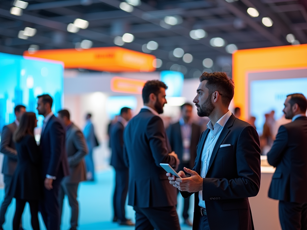 Man with smartphone at busy tech expo, networking among professionals in sharp suits.