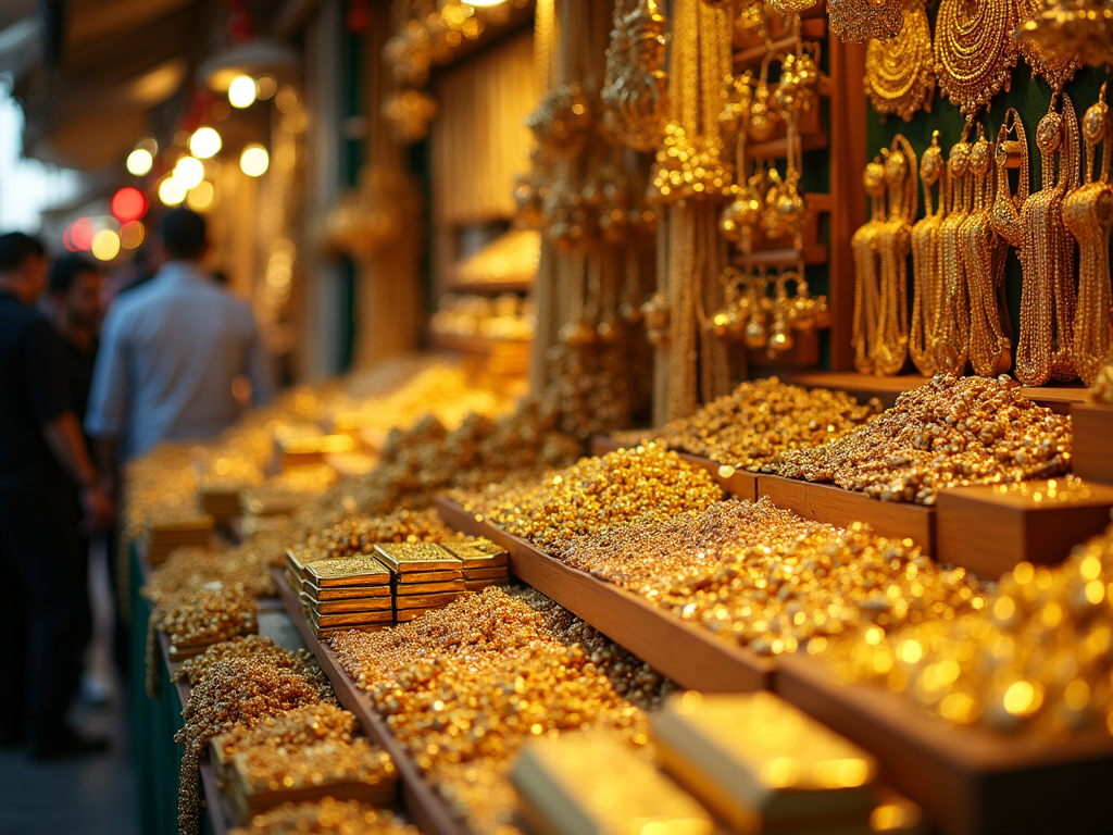 Luminous gold jewelry displayed in market stalls with blurred figures in the background.