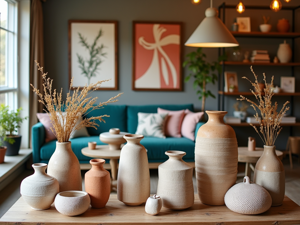 A cozy living room features various decorative vases and a plant, with soft lighting and modern art in the background.