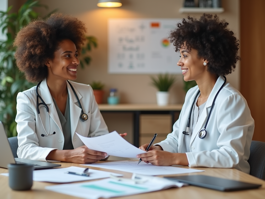 Two female doctors smiling and discussing documents in a well-lit office.