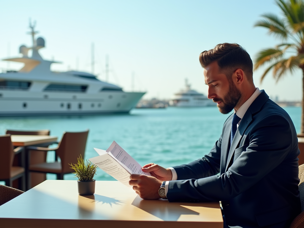 Businessman reading documents at a marina café with yachts in the background.