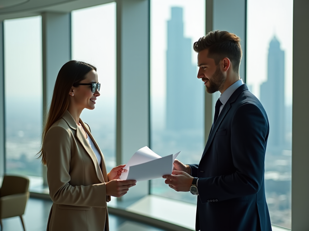 Two professionals discussing documents in a high-rise office with cityscape in the background.