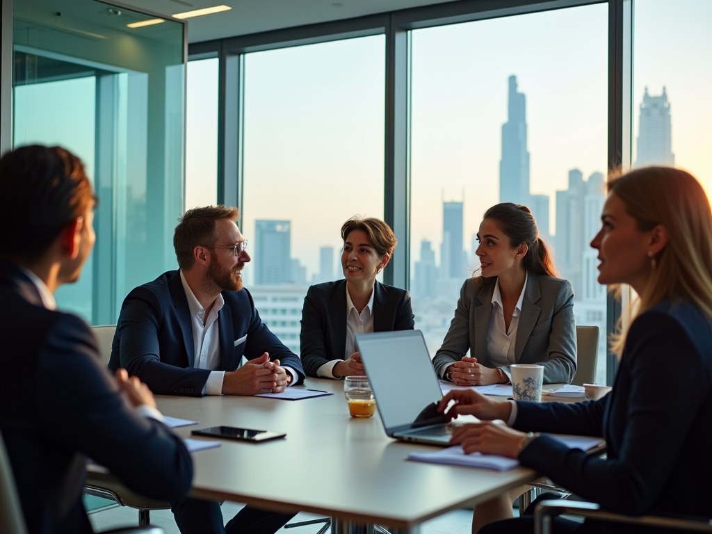 A diverse group of professionals engaged in a meeting with a cityscape view in the background, discussing ideas.