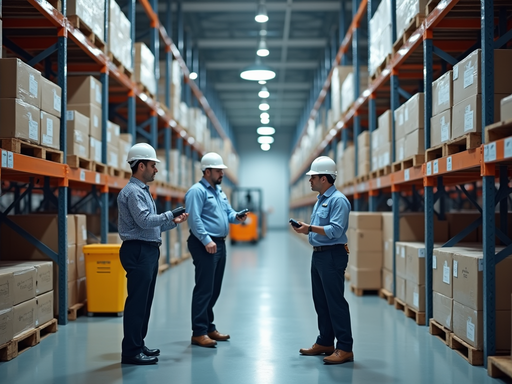 Three workers in hard hats discussing in a warehouse aisle filled with boxed shelves.