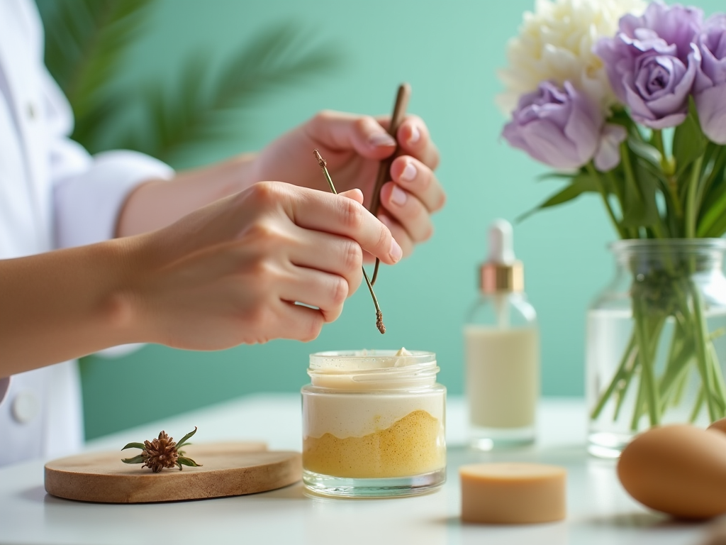 Person preparing natural cosmetics, mixing ingredients with fresh flowers in background.