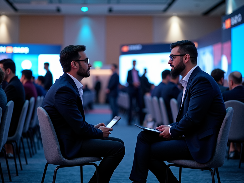 Two men in suits sitting face-to-face in a busy conference room discussing with digital tablets.