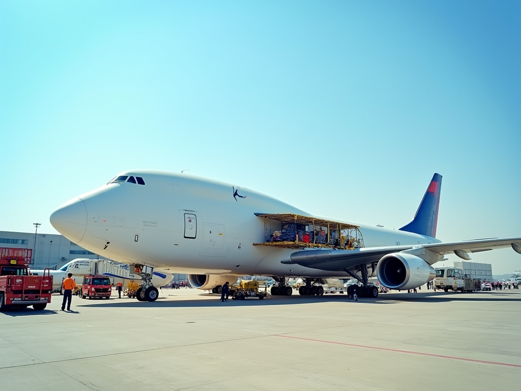 Cargo being loaded into a large white airplane at an airport with workers overseeing the process.