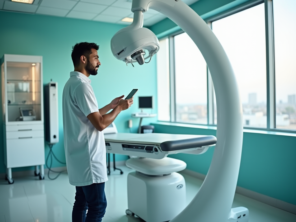 Male healthcare professional using a smartphone in a modern medical room with equipment.