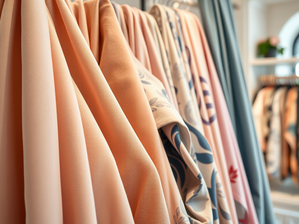 A display of soft fabrics in various colors and patterns hanging on a clothing rack.