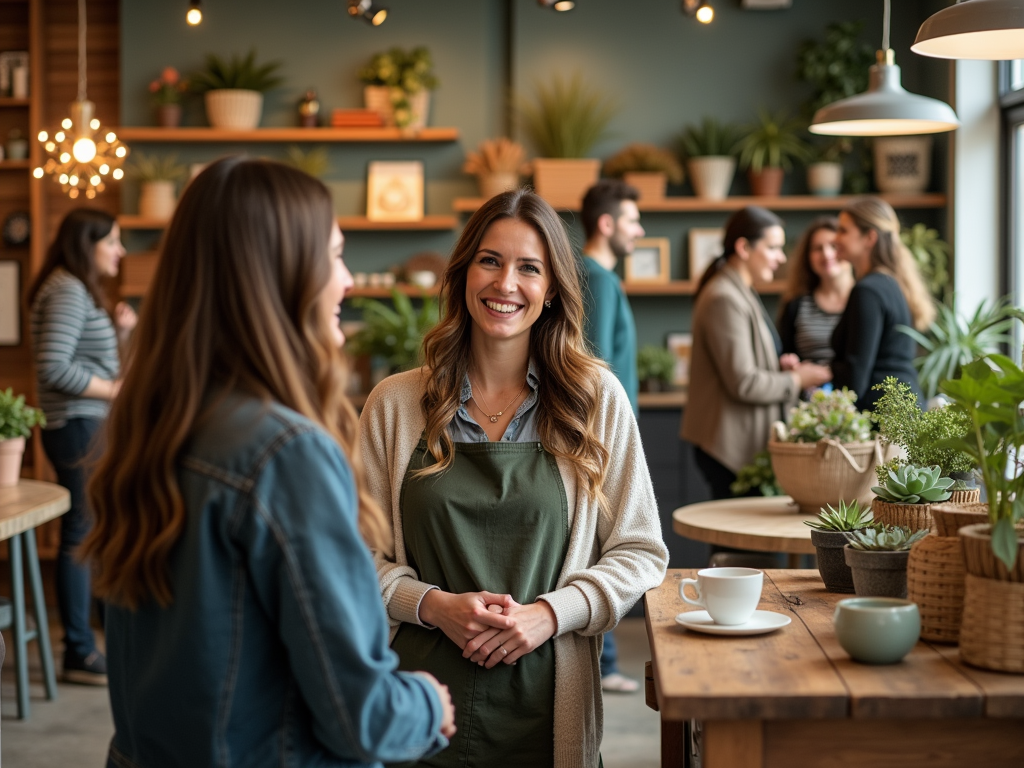 A smiling woman stands at a table with plants, chatting with another woman in a cozy, plant-decorated café.