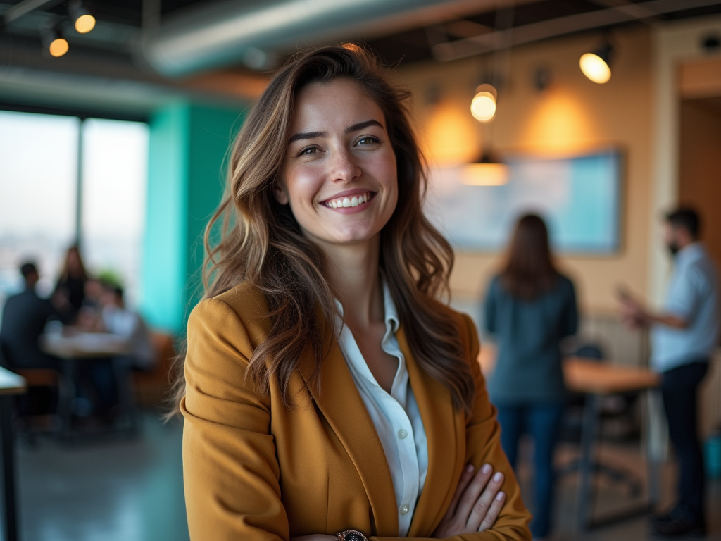 Smiling woman in yellow blazer in a busy office setting.