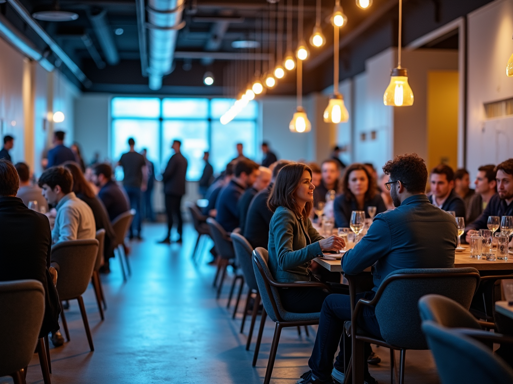 A lively restaurant scene with people dining and conversing, illuminated by warm hanging lights.