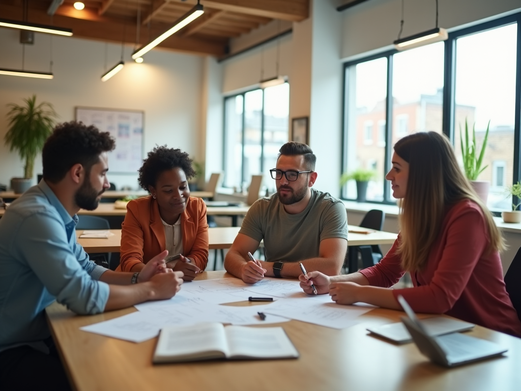 Four diverse professionals engaged in a focused discussion around a table in a modern office setting.