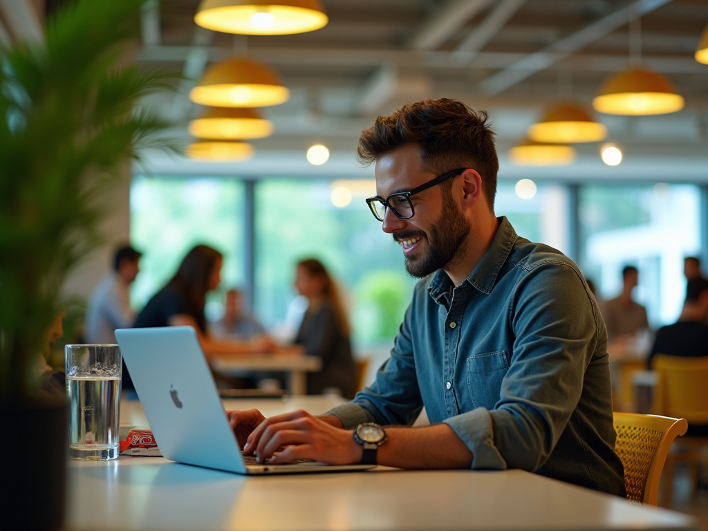 Smiling man with glasses working on a laptop in a lively office cafe.