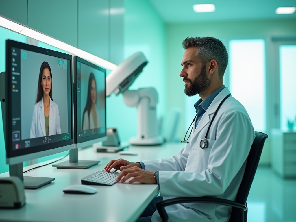 Male doctor reviewing female colleague on a telemedicine platform in a modern hospital office.