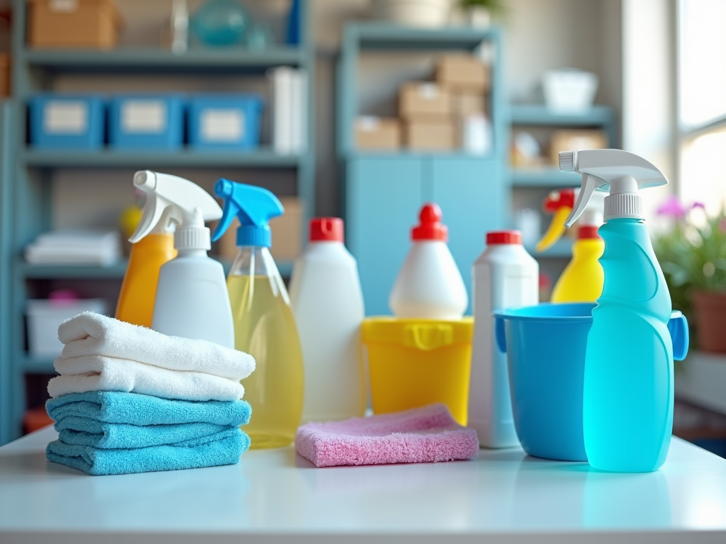 Assorted cleaning supplies and towels on a table, with a storage shelf in the background.