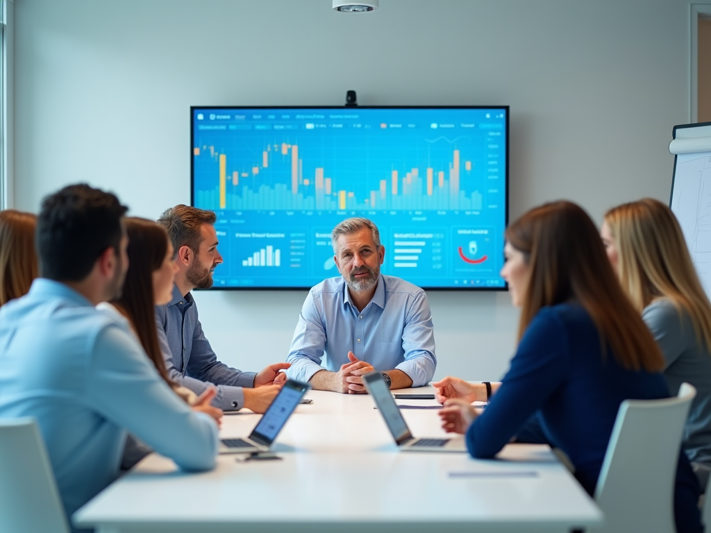 Business team meeting with a senior male leader discussing graphs on a digital screen in a modern office.