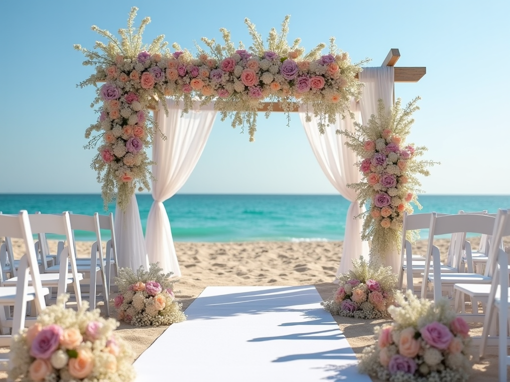 Beach wedding setup with a floral arch, white chairs, and ocean backdrop.