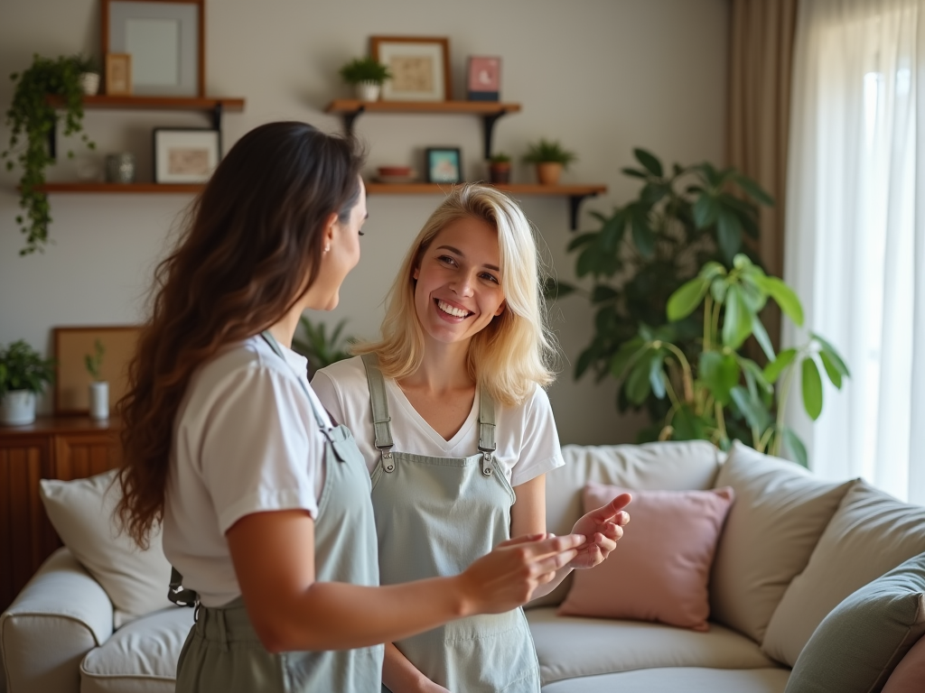 Two women smiling and talking in a cozy living room with plants and shelves.