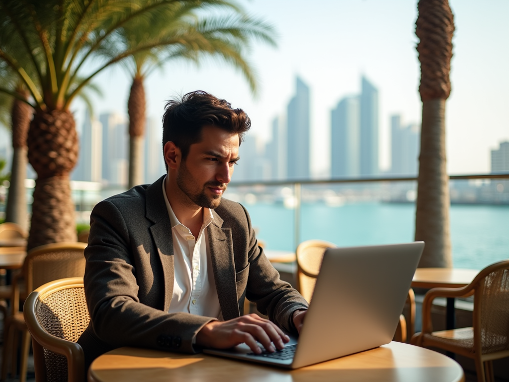 Man working on laptop at outdoor cafe with city skyline and palm trees in background.