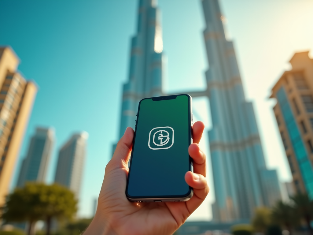 Hand holding smartphone with logo on screen, tall blurred buildings in sunny background.