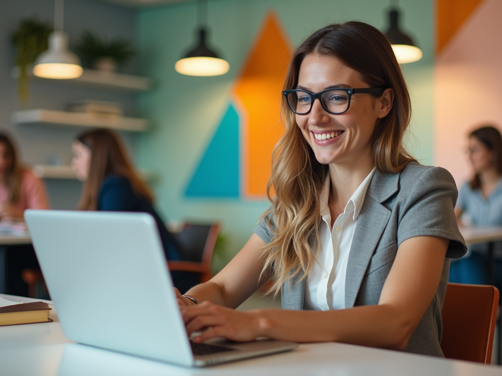 A smiling woman in a blazer works on her laptop in a modern office with colorful decor and colleagues in the background.