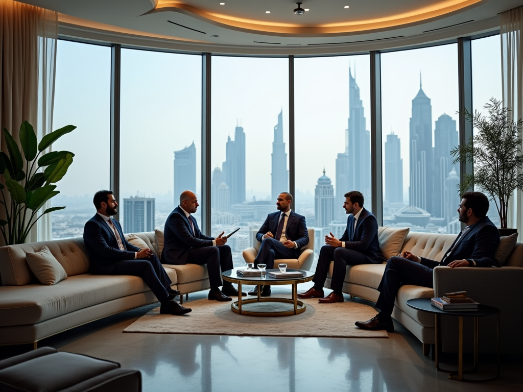 Five businessmen discussing in a modern office with a panoramic city view.