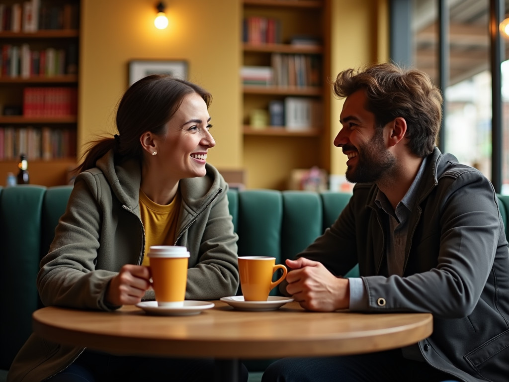 A joyful couple enjoying coffee and a conversation at a cozy café.