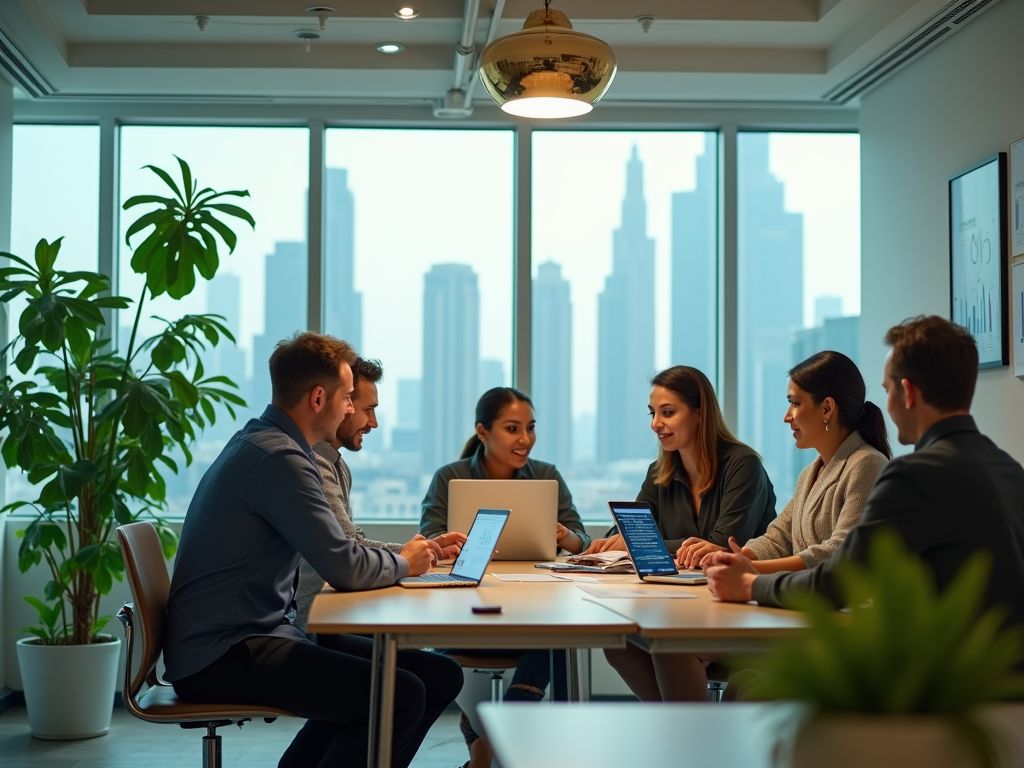 Team members discuss work in a well-lit office with city view in background.