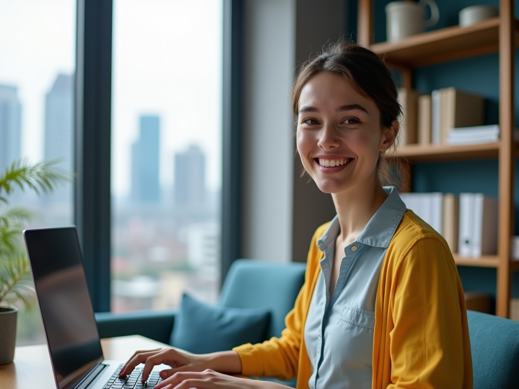 A smiling woman in a yellow cardigan works on a laptop at a stylish desk with city views in the background.