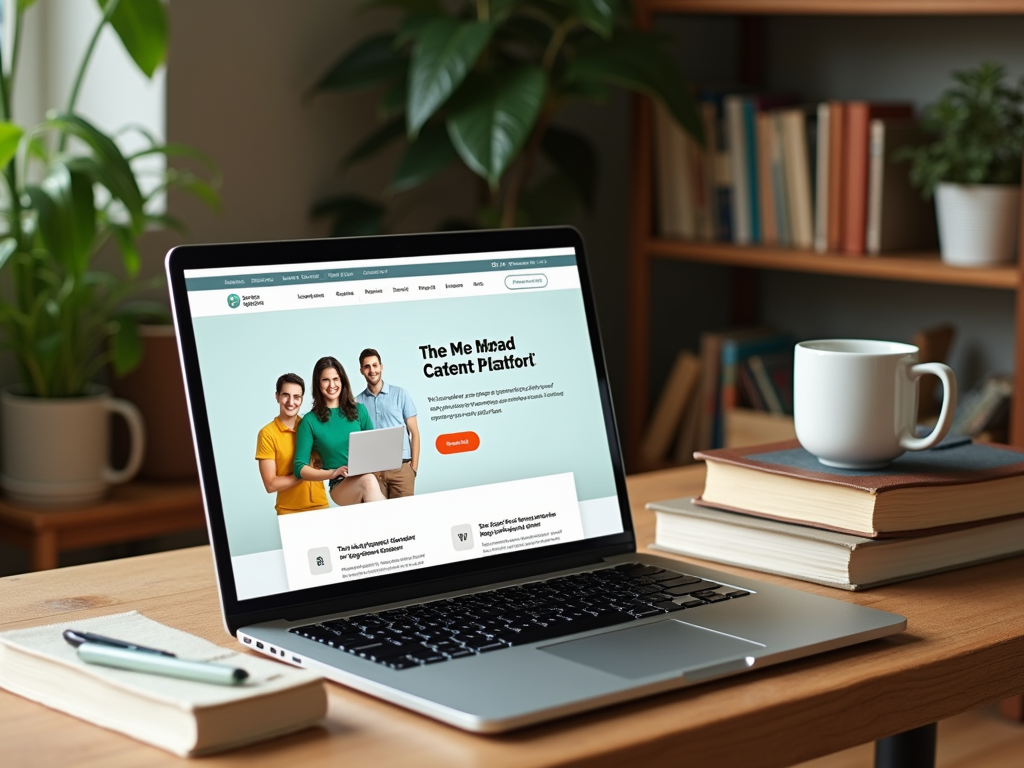 A laptop displays a website titled "The Me Mizad Catent Platform," with a cup and books nearby on a wooden desk.