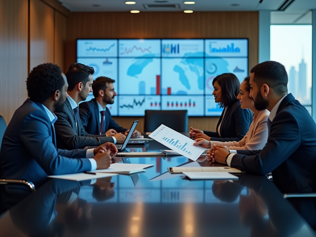 Business team discussing data with digital graphs on screens in a modern office.