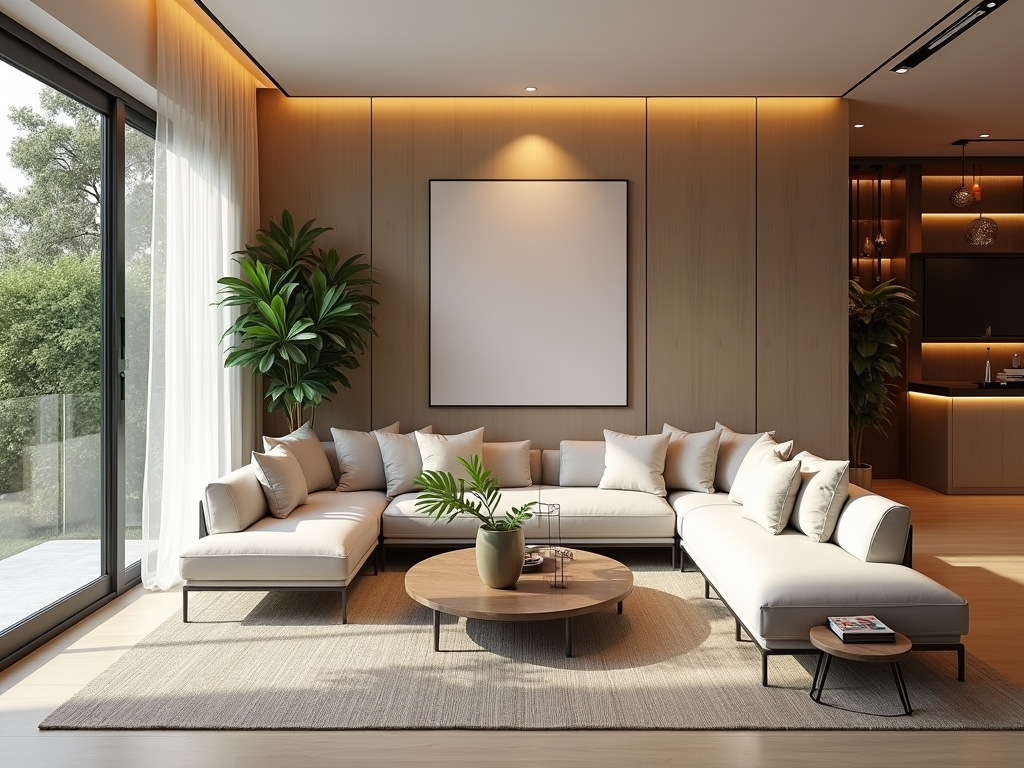 A modern living room with a large sectional sofa, round coffee table, and plants, featuring natural light and wood accents.