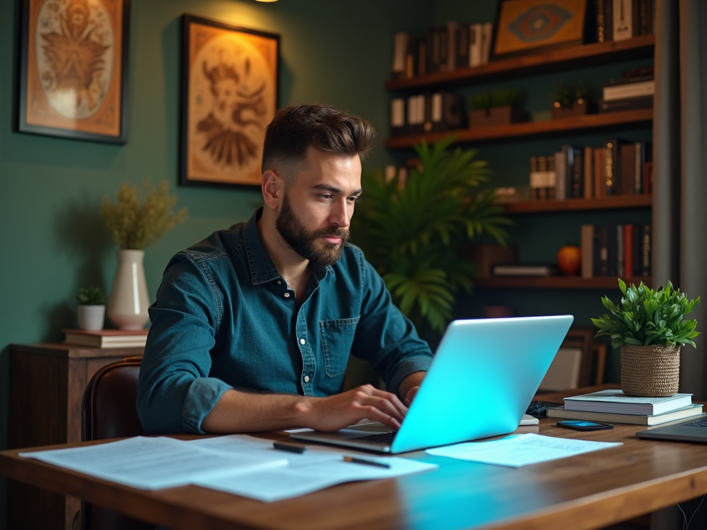 Man with beard working on laptop in a stylish home office with bookshelves and plants.