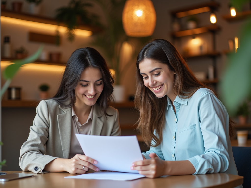 Two women smiling and looking at a document together in a cozy café setting.