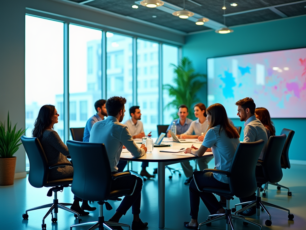 Diverse team in a business meeting around a table in a modern office.