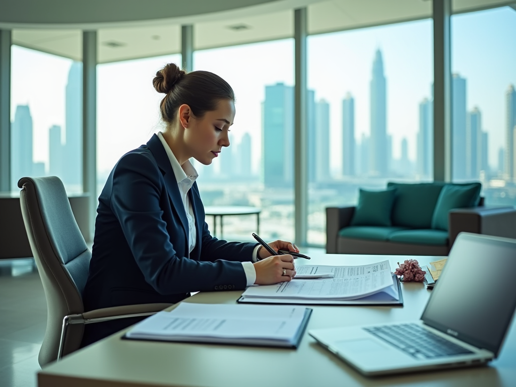 Woman in business attire working at a desk in a high-rise office with city skyline in the background.