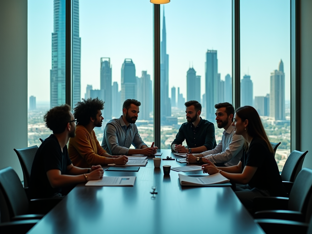 Group of professionals in a meeting overlooking a city skyline.