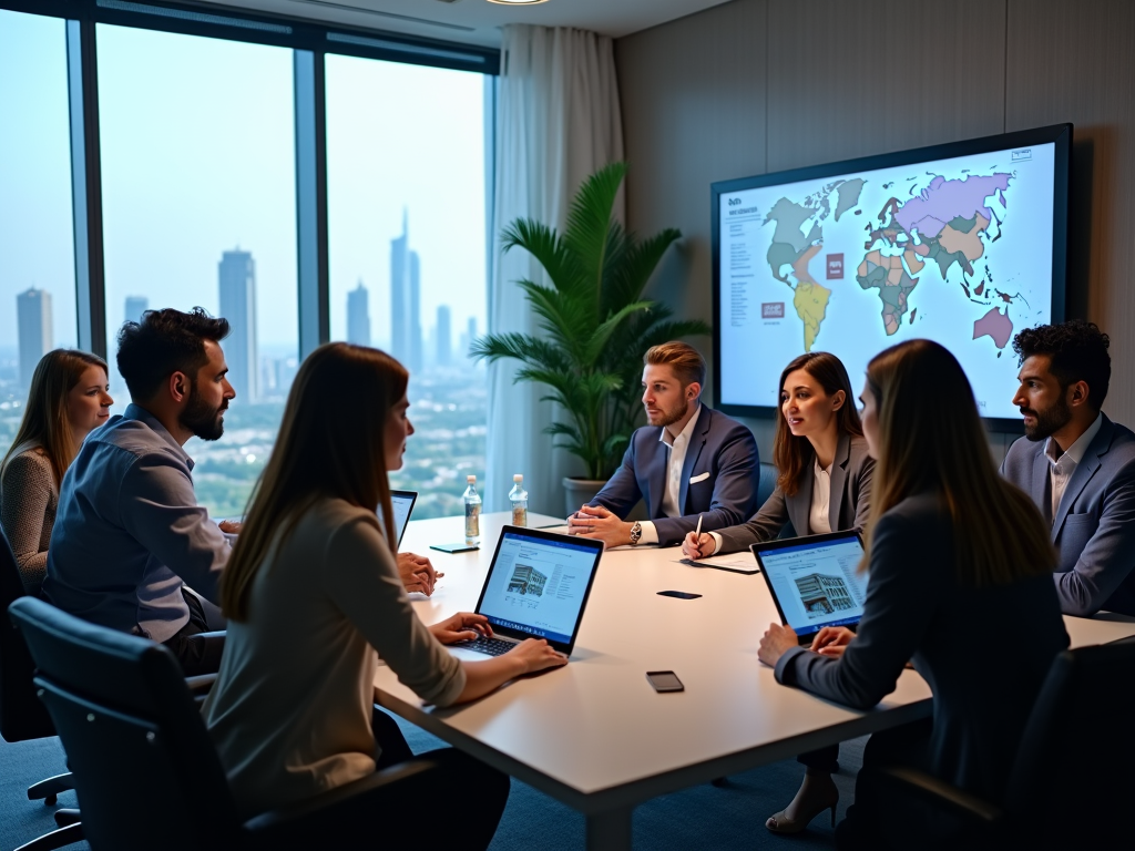 Professionals in a meeting room discussing around a table with a world map displayed on a screen.