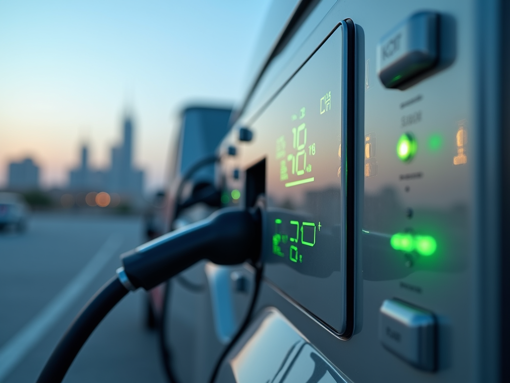 An electric vehicle charger displays information, with a city skyline visible in the background during sunset.