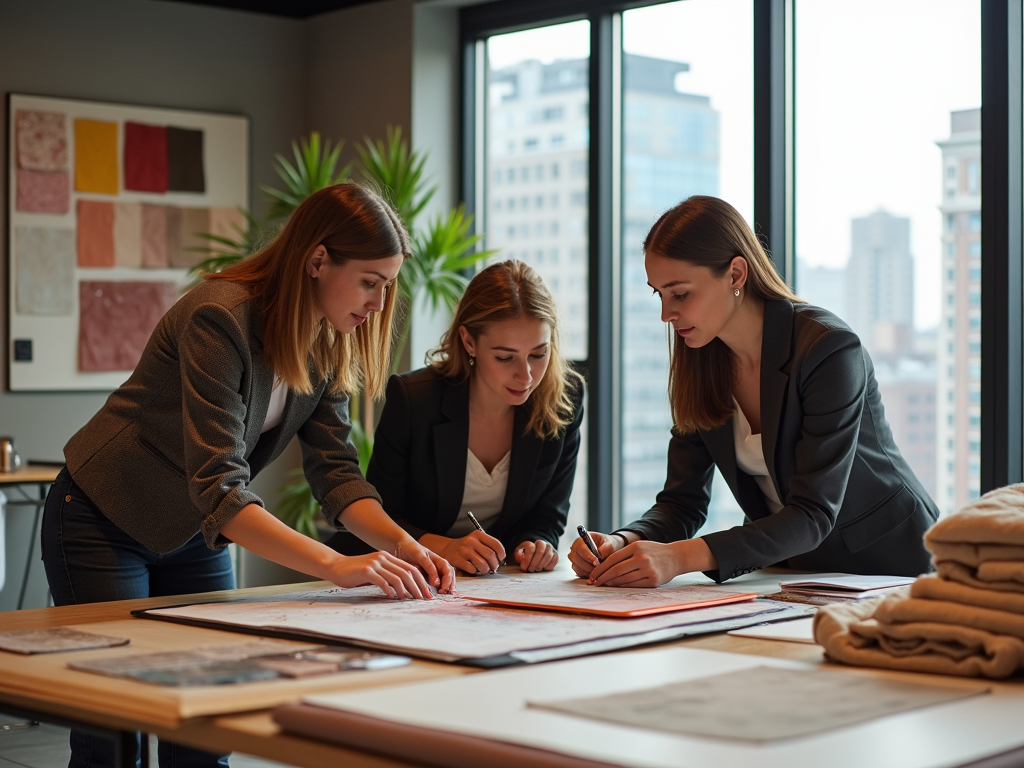 Three women in business attire collaborate over design plans at a table with large sketches and fabric samples.