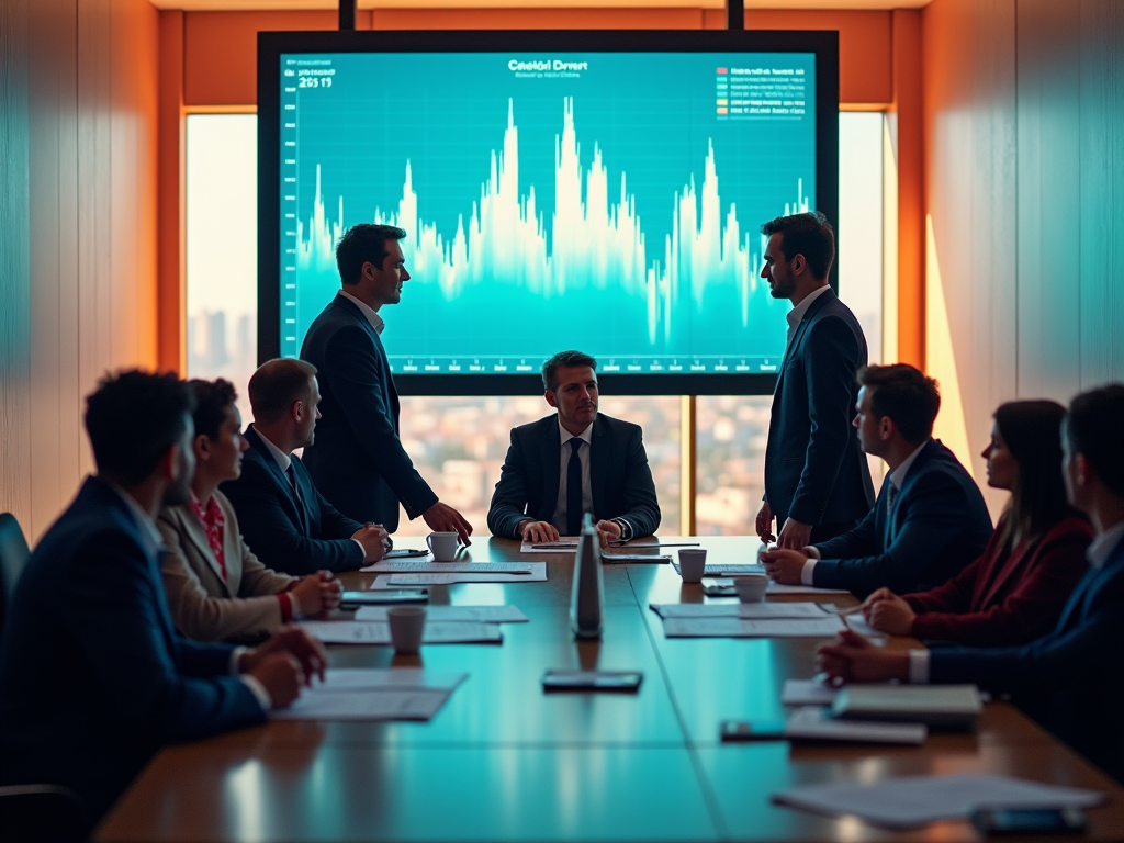 Businesspeople in a meeting room with a large screen displaying financial data graphs.