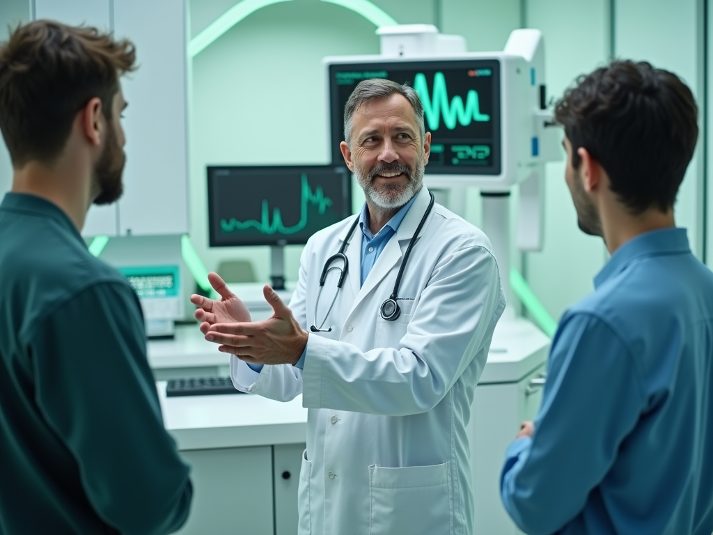 Senior doctor discussing with two male colleagues in a hospital with medical equipment in background.