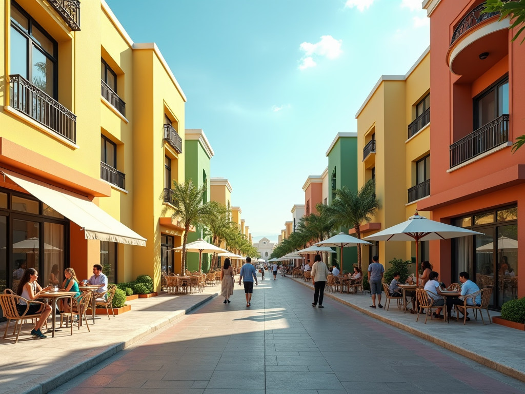 People dining and walking in a colorful, sunny street lined with cafes and palm trees.