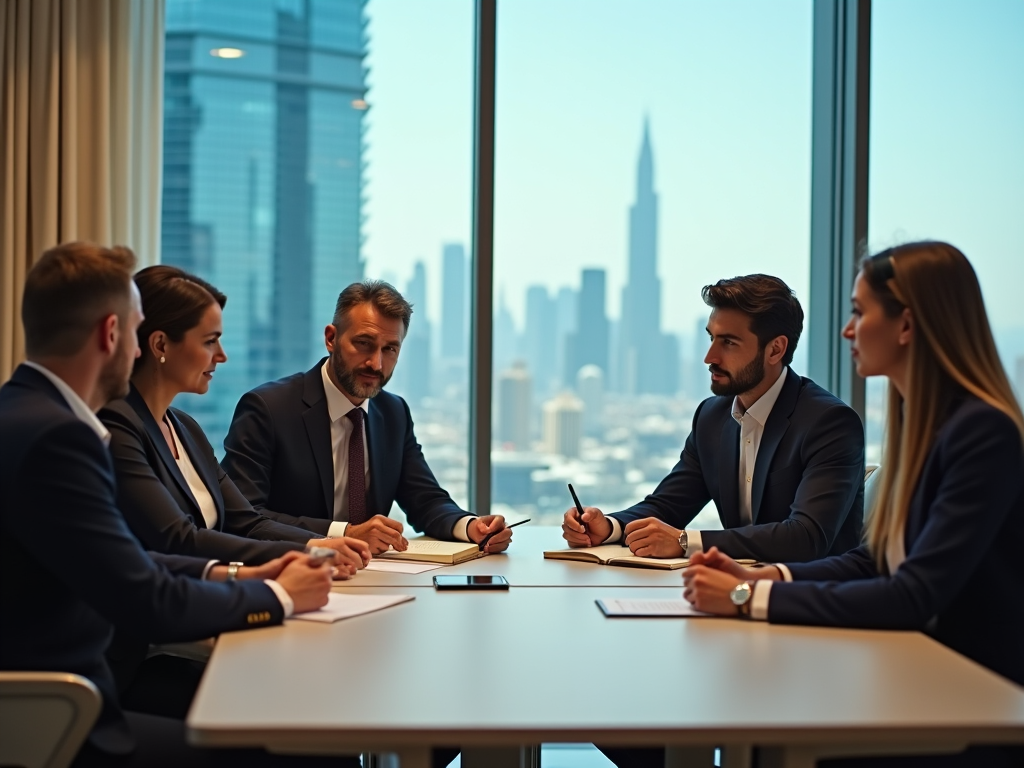 Five professionals in a meeting room with city skyline view.