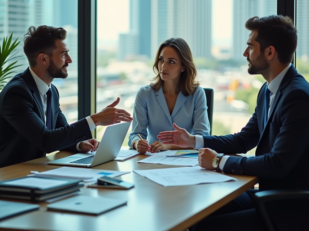 Three professionals discussing papers at a desk in a modern office with city views.