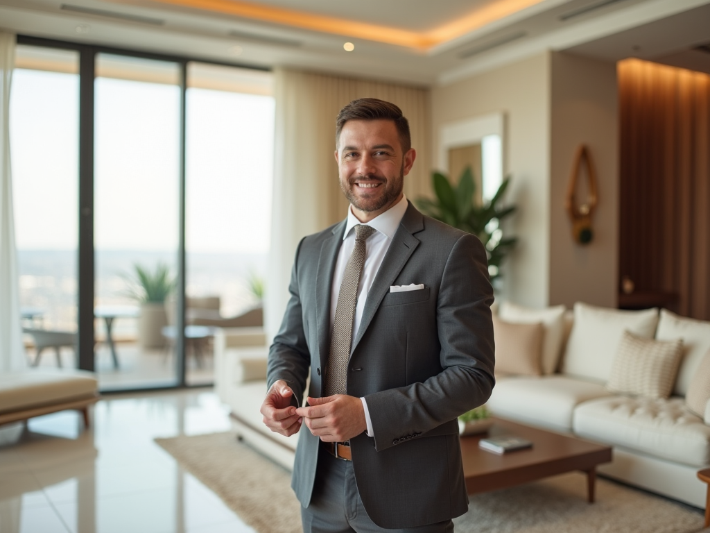 Smiling businessman in suit standing in a luxurious high-rise apartment.