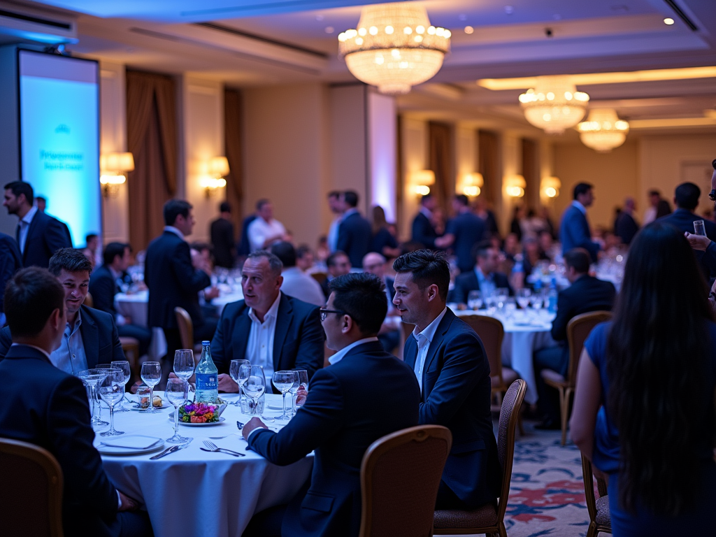 Elegant corporate dinner event with professionals networking in a grand ballroom.