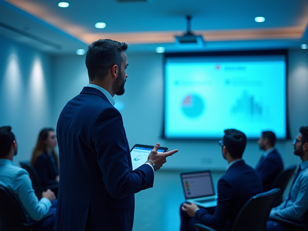 Businessman holding a tablet and presenting data slides to a group of colleagues in a boardroom.